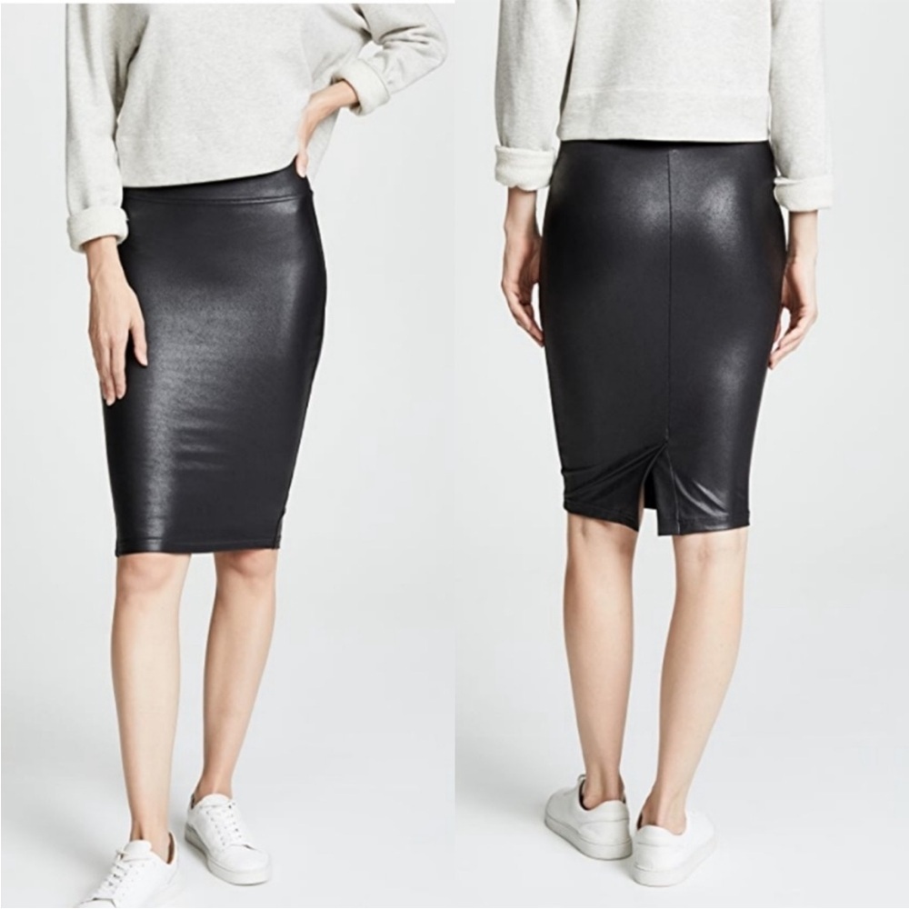 Spanx Evereve Faux Leather Pencil Midi Black Skirt Size Medium